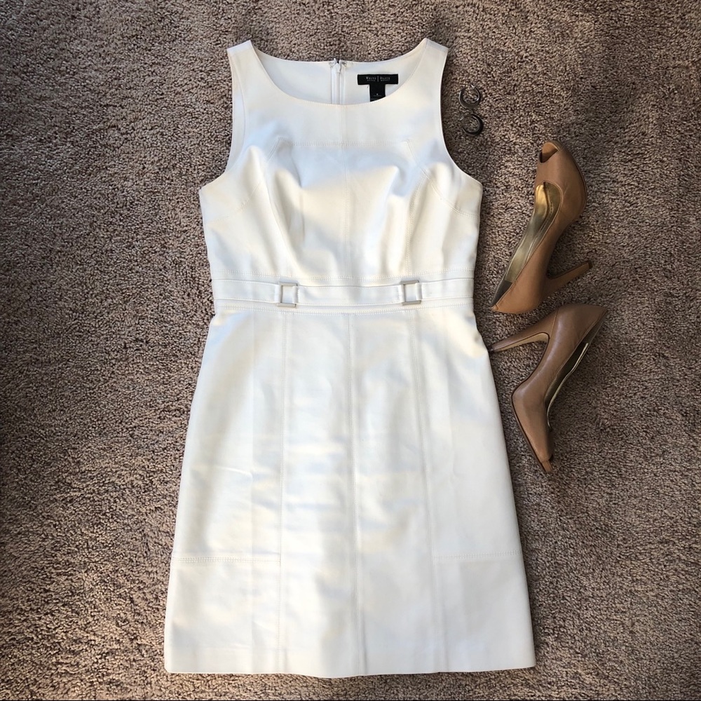 White business casual dress with buckle details